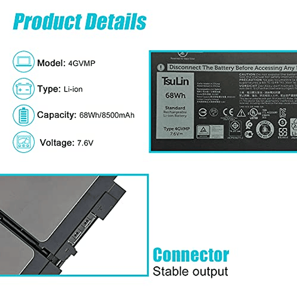 Batería de Repuesto para Portátil Dell Precision 3540 Latitude 5400 5500 Inspiron 7590 7591 7791 2 en 1 Series Notebook 1V1XF R8D7N 9JRYT 09JRYT 0X77XY 0C5GV2 - TsuLin 4GVMP - 7,6V 68Wh 8500mAh 4Cel 3