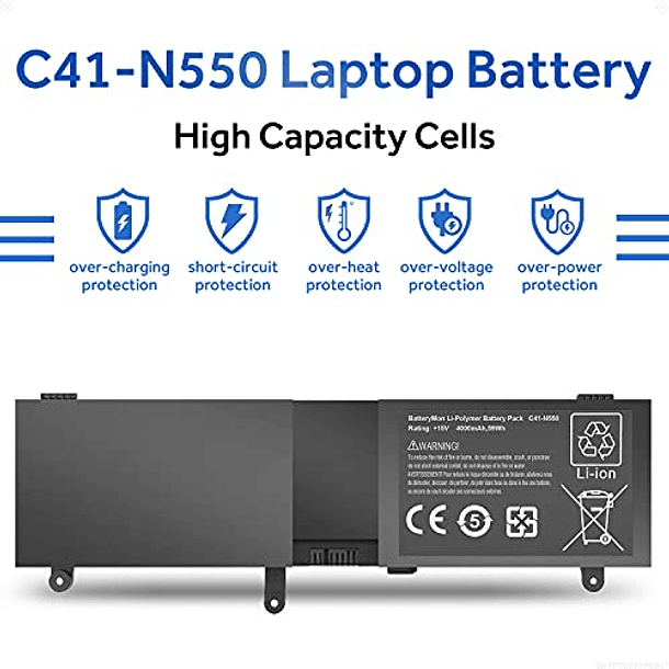 Batería de Repuesto para Asus Rog N550, G550, Q550L Series Laptop - BatteryMon C41-N550, 15V 59WH 2