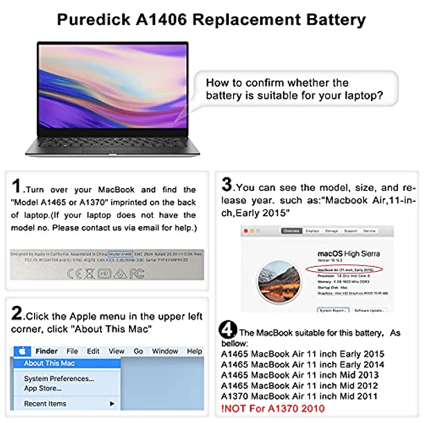 Batería de Repuesto para MacBook Air de 11 Pulgadas (2012-2015 A1465 y 2011 A1370) - A1406 A1495 7,3V/35W/4790mA 2