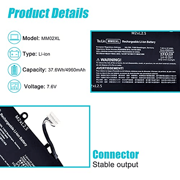 Batería de Repuesto para HP Pavilion 13-AN000 13-AN0007TU AN0047TU 5GR00PA 5HE66PA Series Notebook - TsuLin MM02XL HSTNN-IB8Q MMO2XL HSTNN-DB8U L27868-1C1 MM02037XL TPN-Q214 7.6V 37.6Wh 496 2