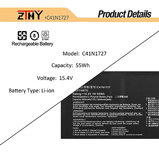 Batería de Repuesto para Portátil Asus Zephyrus GM501 Series Notebook 0B200-02900000 15,4V 55Wh 3