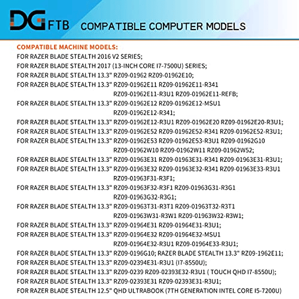 Batería Compatible para Razer Blade Stealth (2016) v2 (i7-7500U) RZ09-01962E12 RZ09-01962W10 RZ09-01962E52 (11,55 V 53,6 Wh) - DGTECH RC30-0196 2