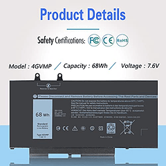 Batería de 68Wh para Dell Latitude 5400 5500 Inspiron 7590/7591/7791 2 en 1 Precision 3540 3550 Laptop FSKE 4GVMP 1V1XF R8D7N 9JRYT RF7WM X77XY C5GV2 MCV1G 7.6V 8500mAh 4 celdas