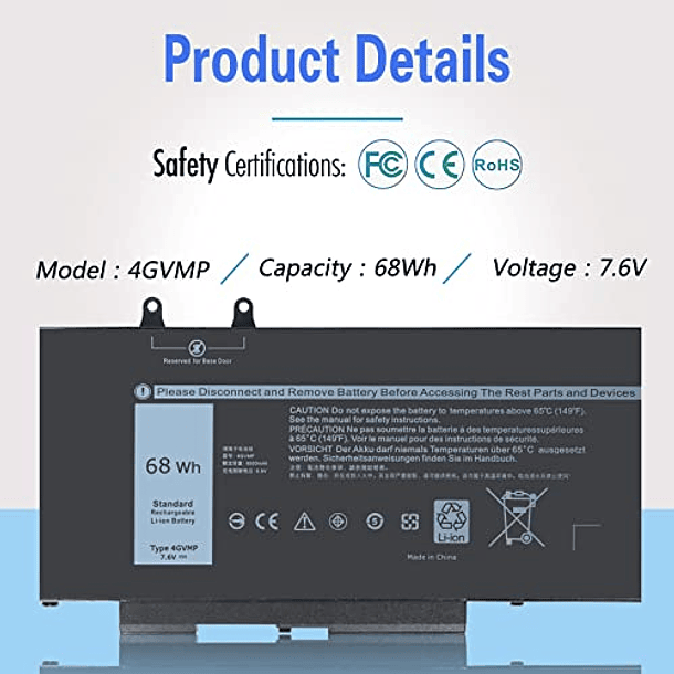 Batería de 68Wh para Dell Latitude 5400 5500 Inspiron 7590/7591/7791 2 en 1 Precision 3540 3550 Laptop FSKE 4GVMP 1V1XF R8D7N 9JRYT RF7WM X77XY C5GV2 MCV1G 7.6V 8500mAh 4 celdas 2