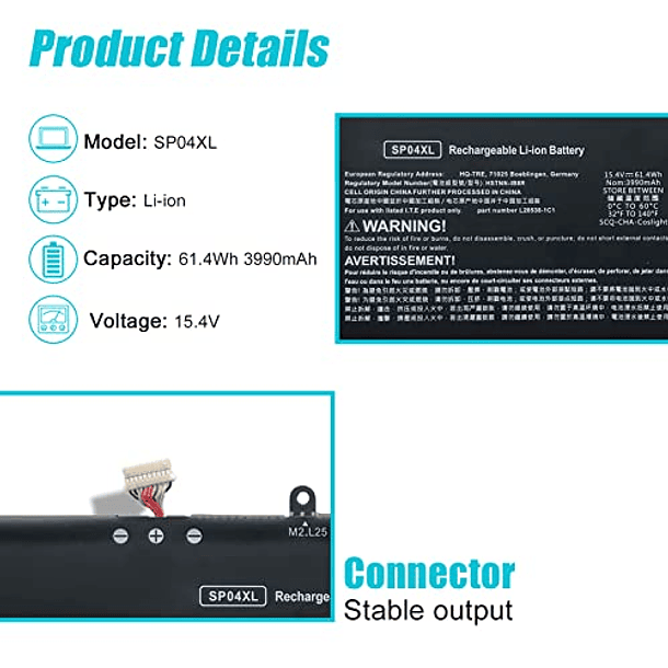 Batería de Repuesto Compatible con HP Spectre X360 Convertible 13-AP000 13T-AP000 13-AP0053DX 13-AP0XXX 13-AP0045NR 13-AP0013DX 13-ap0030tu TPN-Q204 L28538-AC1 SP04061XL TPN-Q203 61.4Wh 2