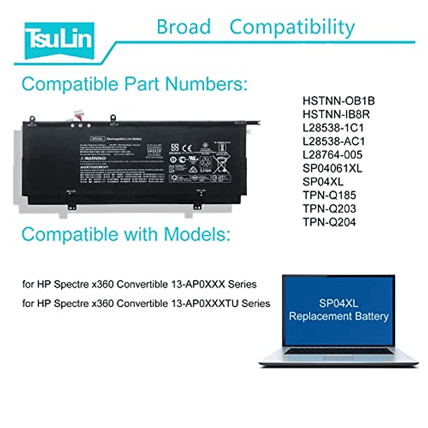 Batería de Repuesto Compatible con HP Spectre X360 Convertible 13-AP000 13T-AP000 13-AP0053DX 13-AP0XXX 13-AP0045NR 13-AP0013DX 13-ap0030tu TPN-Q204 L28538-AC1 SP04061XL TPN-Q203 61.4Wh 6