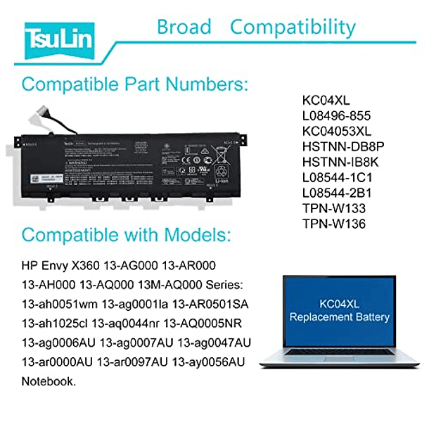 Batería de Repuesto para HP Envy X360 13-AG 13z-AG 13-AR 13-AH 13-AQ 13T-AQ 13M-AQ 13-ah0051wm 13-AR0501SA 13-ag0001la 13-AQ1029TX Serie L08496-855 L08544-2B1 L081544-1C - KC04XL - 15,4V 53,2Wh 4 Celd 6