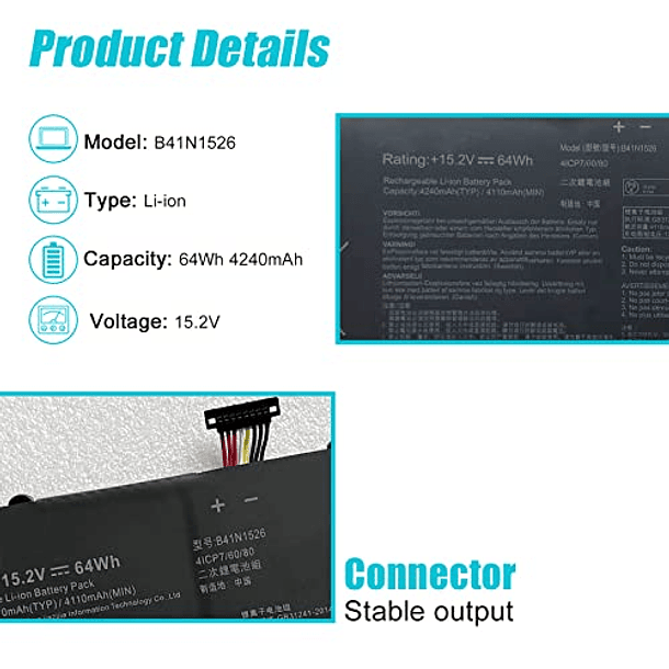 Batería de Repuesto para Portátil Asus FX502VM, FX60VM, ROG Strix GL502VT, S5, S5V, S5VM Series Notebook, 15.2V, 64Wh, 4240mAh 2