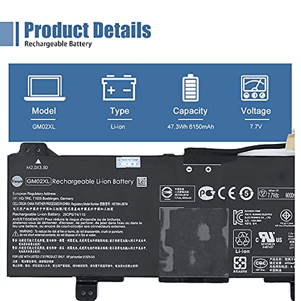 Batería Compatible con HP Chromebook 14 G5 G6 X360 11 G1 G2 G3 11A G6 G7 G8 EE Notebook - GM02XL 917679-541 917725-855 917679-271 HSTNN-DB7X HSTNN-UB7M 7.7V 47.3Wh 6150mAh 2