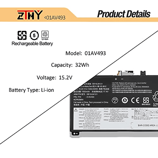 Batería de Repuesto para Lenovo ThinkPad T570 T580 P51S P52S Series Notebook, 15.2V 32Wh 2100mAh 3