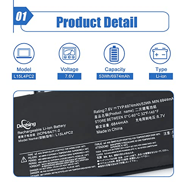 Batería Compatible para Lenovo Yoga 710-14IKB, 710-14ISK, 710-15IKB, 710-15ISK, 710-14ISK-IFI, 710-14ISK-ISE Series Notebook - Dentsing L15L4PC2 L15M4PC2 - 7.6V 53Wh/6974mAh 2