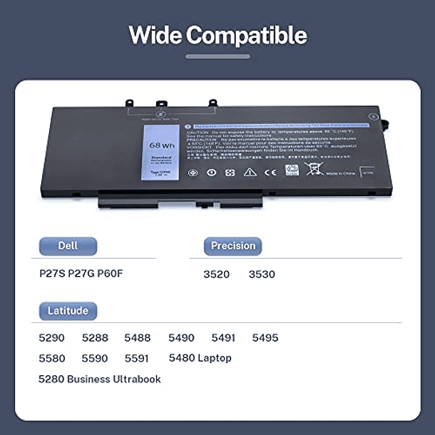 Batería de Repuesto para Portátiles Dell Latitude 5288, 5280, 5480, 5580, 5490, 5491, 5495, 5590, 5591, Precision 15 3520, 3530, GD1JP, DY9NT, 5YHR4, 451.BBZG, GJKNX 68Wh 2