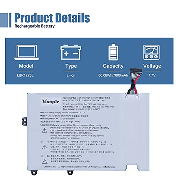 Batería Compatible para Portátil LG Gram 13Z970/14Z970/15Z975 Series LBR1223E/LBS1224E 7.7V 60.06Wh 7800mAh 2