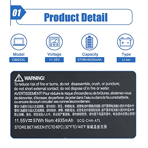 Batería Compatible para HP EliteBook x360 1030 G2 1GY31PA Series Notebook OM03XL 11.55V 57Wh/4935mAh 3 Celdas HSTNN-IB7O 863167-171 HSN-I04C 863280-855 2