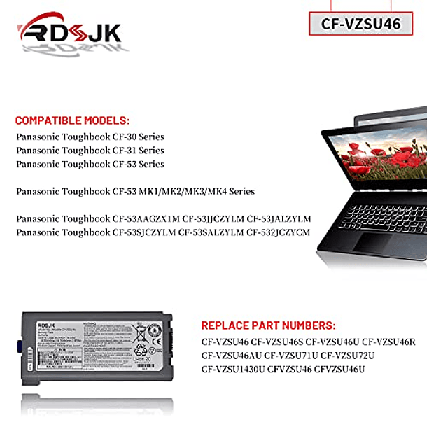 Batería Compatible para Panasonic Toughbook CF-30, CF-31, CF-53, CF-VZSU46, CF-VZSU46R, CF-VZSU46S, CF-VZSU72U, CF-VZSU71U, CF-VZSU1430U, CF-VZSU46AU, CF-VZSU46U y 10.6 3