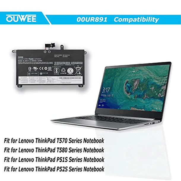 Batería Compatible con Lenovo ThinkPad T570 T580 P51S P52S Series Notebook - 15.28V 32Wh 2095mAh 4 Celdas - OUWEE 00UR891 01AV493 SB10L84121 SB10L84122 00UR892 SB10L84123 4