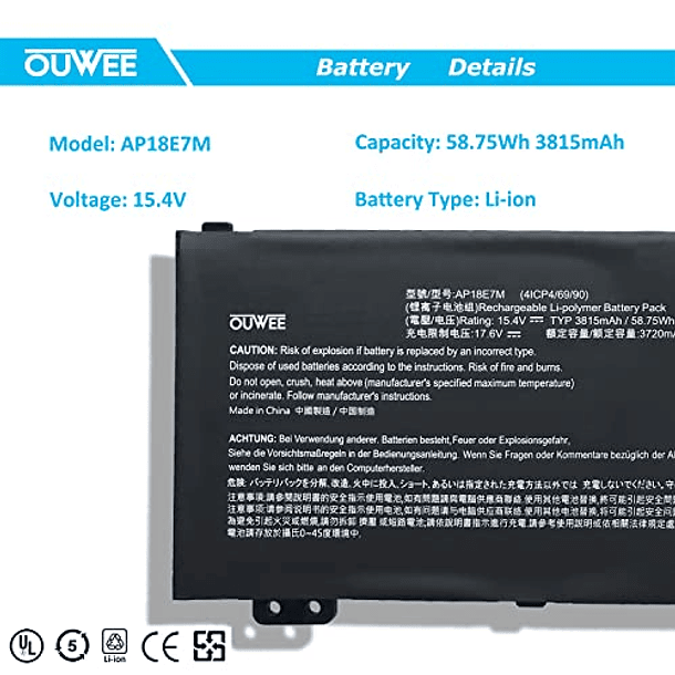 Batería Compatible para Acer Nitro 5 AN515-54 AN517-51 Nitro 7 AN715-51 Aspire 7 A715-74G Predator Helios PH315-52 PH317-53 Triton 300 PT315-51 Series - AP18E7M/AP18E8M 15.6 2