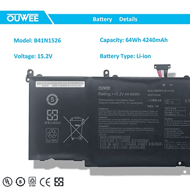 Batería Compatible con Asus FX502VM, FX60VM, GL502VT, GL502VM, S5, S5V, S5VM Series Notebook (OUWEE B41N1526 0B200-0194000) 2