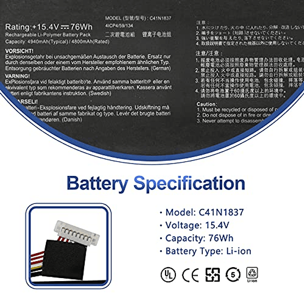 Batería Compatible con ASUS Rog Zephyrus GA502, GU502, GX502 y GX532 2