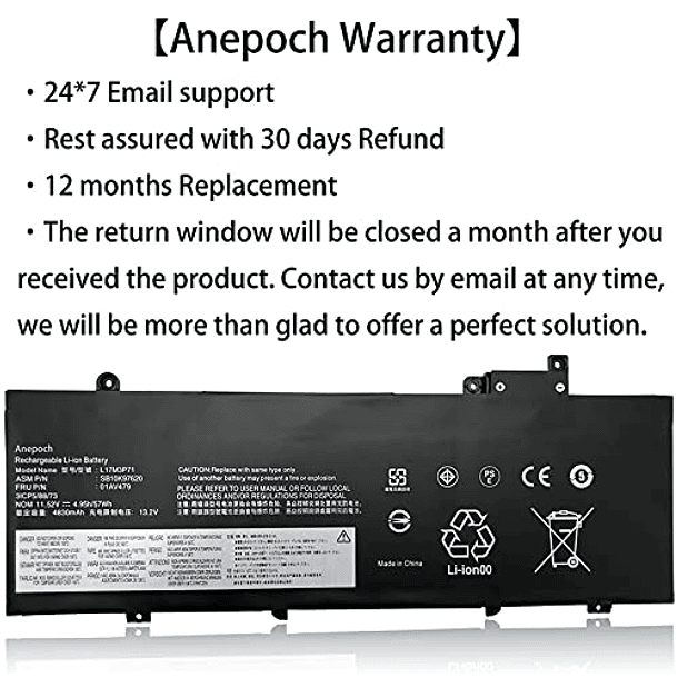 Batería de Repuesto para Lenovo ThinkPad T480S Series Notebook 11.52V 57Wh 4950mAh 3