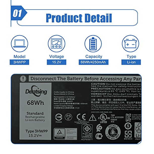 Batería de Repuesto para Dell Latitude 5401 5410 5411 5501 5510 5511 Precision 3541 3551 Series 15.2V 4 Celdas - Dentsing 68Wh 03HWPP 10X1J N2NLL 1VY7F 3YNXM 451-BCMN 2