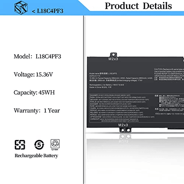 Batería Compatible para Lenovo Ideapad C340-14API C340-14IML C340-14IWL S540-14API S540-14IML S540-14IWL Flex-14IML Flex-14IWL Series - HSX L18C4PF3/L18M4PF3/L18C4PF4/L18M4PF4 [15,36 V/45 W] 2