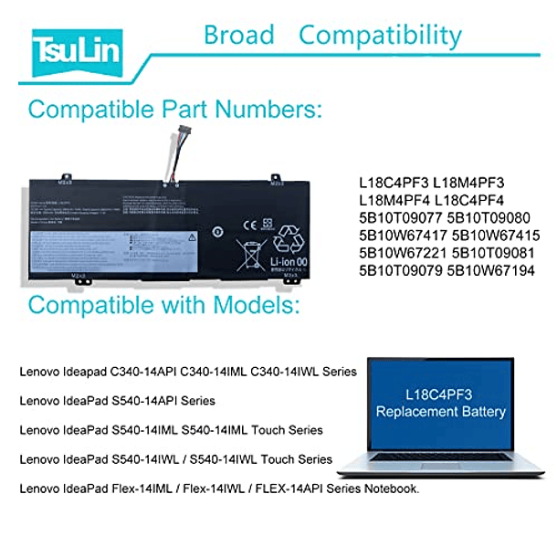 Batería Compatible para Lenovo Ideapad C340-14API C340-14IML C340-14IWL S540-14API S540-14IML S540-14IWL Flex-14IML Flex-14IWL Serie L18C4PF3 L18C4PF4 L18M4PF3 L18M4PF4 15.36V 6