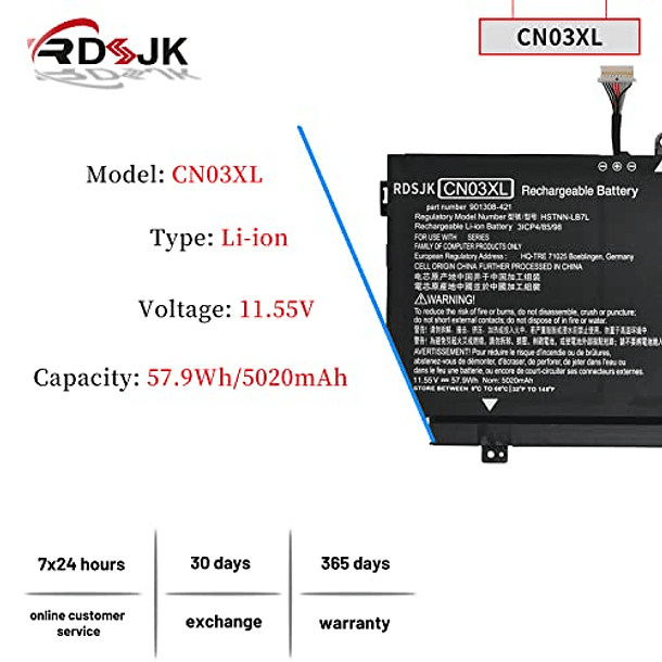 Batería Compatible para HP Envy 13-AB 13T-AB 13-AB001 13-AB099 13T-AB000 13-AC033DX, Modelo CN03057XL HSTNN-LB7L 901308-421 901345-855, 11.55V 57.9Wh 2