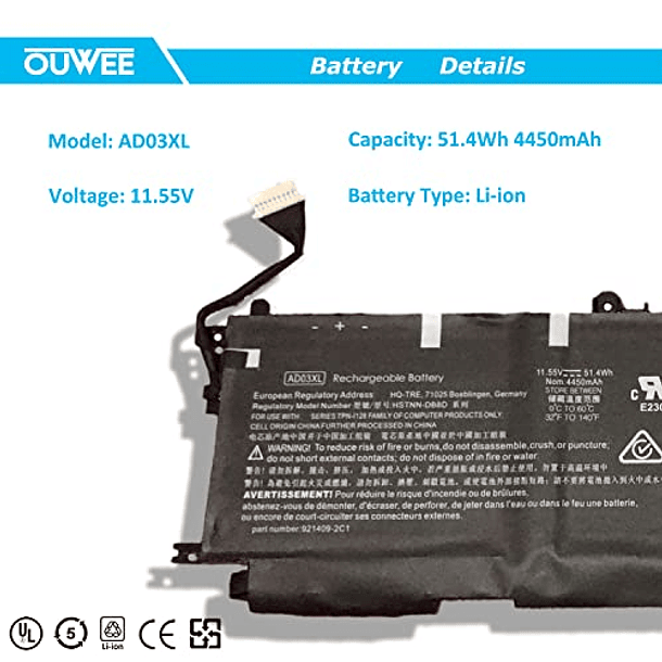 Batería Compatible con HP Envy 13-AD000 13-AD002NG 13-AD101TX 13-AD104TX 13-AD108TX 13-AD109TX Serie HSTNN-DB8D OUWEE AD03XL 11.55V 4150mAh 2