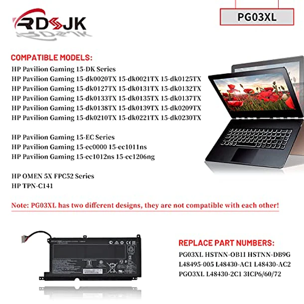 thumbnail image 2 of PG03XL Replacement Battery For HP Pavilion Gaming 15-DK Series – 52.5Wh, 3-Cell Li-Ion Laptop Battery 2 of 4