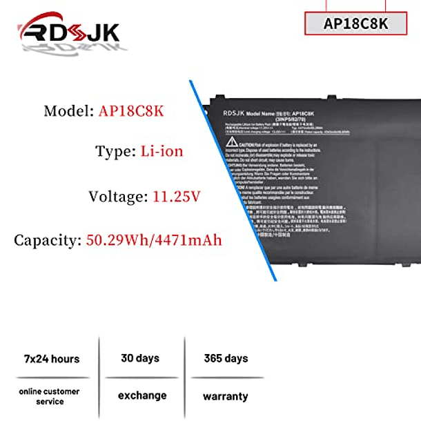 Batería Compatible con Acer Aspire 3 SF314-52 SF314-54N Aspire 5 A514-52 A514-54 A514-54G Swift 3 SF314-42 SF314-57 57G SF314-58 SF314-59 Chromebook 314 C933 15 CB315-3H Serie - AP18C8K - 51,29 V 2