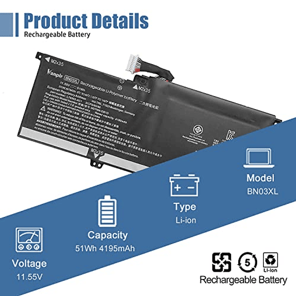 Batería de Repuesto para Portátil HP Envy x360 15 2020 (13-ba0010nr, 13-ba0004nu, 15-ed0000, 15T-ED000, 13-ay0378ng, 13-ay0065AU, 13-ay0001nc, 15-ed0007na, 15m-ee0013dx) - Vanpir BN03XL HSTNN-DB9N 2