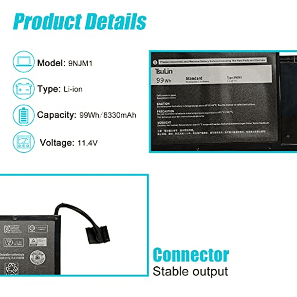 Batería Compatible para Dell Alienware 15 R3 R4 17 R4 R5 Series 44T2R 0546FF 0HF250 HF250 MG2YH 0MG2YH 11,4V 99Wh 8330mAh - TsuLin 9NJM1 3