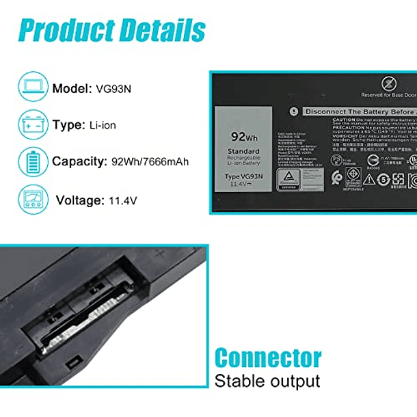 Batería Compatible para Dell Precision 15 3520 3530 M3520 M3530 Latitude 5580 5590 5591 E5580 E5590 E5591 Series - VG93N 11.4V 92Wh 7666mAh 6 Celdas 2