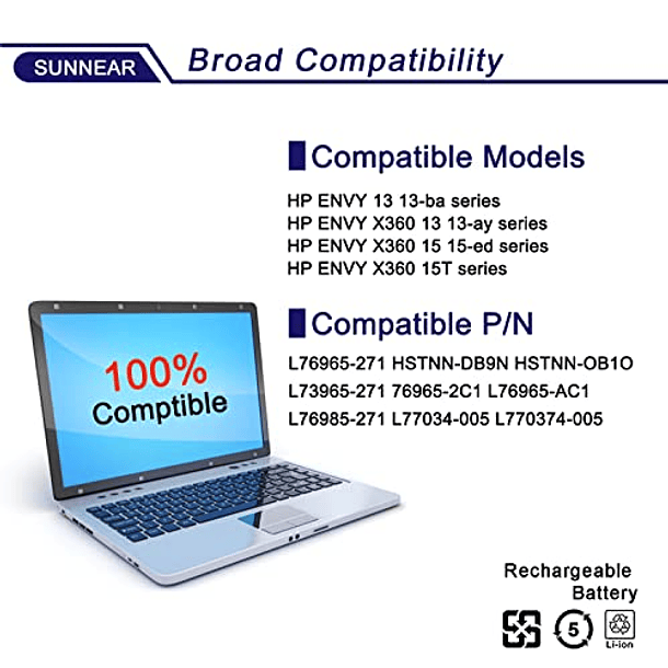 Batería de Repuesto para HP Envy 13/X360 15 Series Notebook (HSTNN-DB9N, L73965-271, L76985-271, L77034-005) - SUNNEAR BN03XL - 51Wh 5