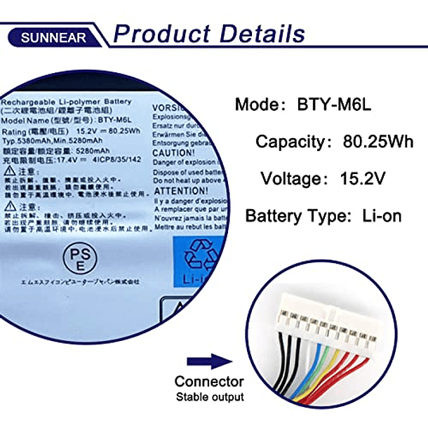 Batería de Repuesto SUNNEAR BTY-M6L para Portátil MSI GS65 GS75 Stealth Thin 8SE 8SF 8SG 8RF 9SD 9SE 9SF 9SG Modern 8RC P658SC WS65 9TM WS75 10TM Creator 8RD 8RE P75 PS63 GS60 Series MS-16Q2 MS-16Q3 2