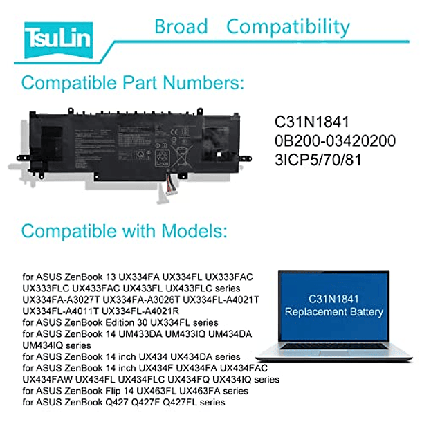 Batería Compatible con ASUS ZenBook UX334FL, UX334FA, UX333FAC, UX433FL, UX433FLC, UM433DA, UM433IQ, UM434DA, UM434IQ, UX434DA, UX434F, UX434FA, UX434FAW, UX434FAC, UX434FL, UX434IQ - C31N1841 de 50 W 6