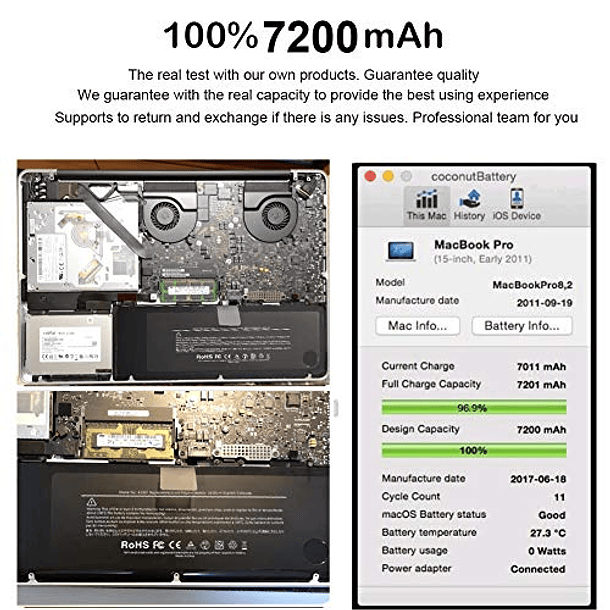 Nueva Batería de Repuesto para MacBook Pro de 15 Pulgadas A1286 (A1382) Compatible con Modelos de Principios de 2011 a Mediados de 2012 - 7200 mAh 10,95 V/78,84 Wh - 25 Meses de Garantía. 3