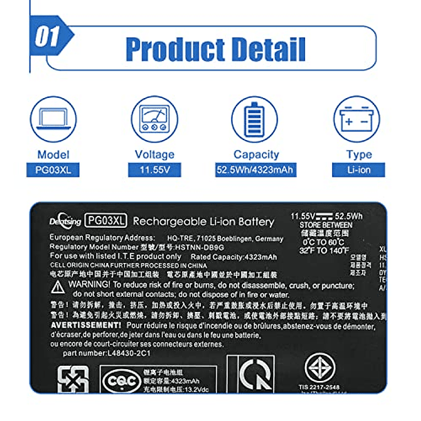 Batería Compatible para HP Pavilion Gaming 15-DK 15-DK0010NS 15-DK0125TX FPC52 15-EC0000 16-A0000 2019 Series Notebook HSTNN-DB9G HSTNN-OB1I L48495-0 - Dentsing PG03XL 11.55V 52.5Wh/4323mAh 2