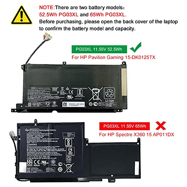 Batería Compatible para HP Pavilion Gaming 15-DK 15-DK0010NS 15-DK0125TX FPC52 15-EC0000 16-A0000 2019 Series Notebook HSTNN-DB9G HSTNN-OB1I L48495-0 - Dentsing PG03XL 11.55V 52.5Wh/4323mAh 3