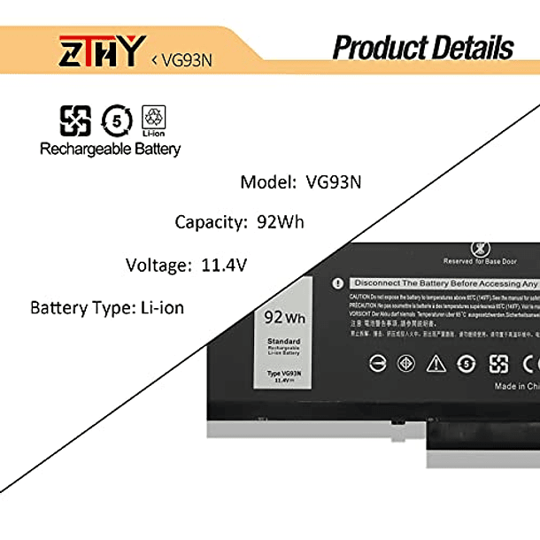 Batería Compatible para Dell Precision 15 3520 3530 M3520 M3530 Latitude 5580 5590 5591 E5580 E5590 E5591 Series 0VG93N WFWKK 0WFWKK 11.4V 92Wh 7666mAh 6 Celdas 3