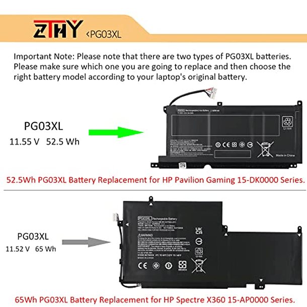 Batería de Repuesto PG03XL ZTHY 52.5Wh para HP Pavilion Gaming 15-DK0000, 15-DK0020TX, 15-DK0125TX, 15-DK0068WM, 15-DK0131TX, 15-ec000, 15-ec1011ns, 15-ec1012ns, 16-A0013NS, 16-A00404TX y OMEN L 5