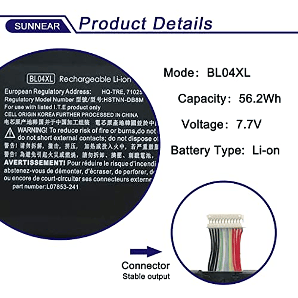 Batería Compatible con HP EliteBook X360 1040 G5 G6 Series SUNNEAR BL04XL (HSTNN-DB8M, HSTNN-UB7N, HSTNNUB7N, L07041-855, L07041855, L07353-241, L07353-2C1, L07353-541) 7.7V 2