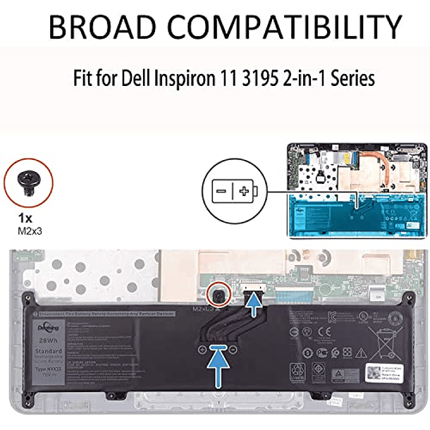 Batería Compatible para Dell Inspiron 11 3195 2 en 1 Chromebook Series Notebook 0020K1 MJMVV - Dentsing NXX33 7.6V 28Wh/3500mAh 6