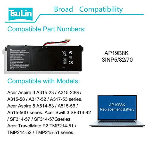 Batería Compatible con Acer Aspire 3 A315-58 A317-52 A317-53 A514-53 A515-56 Swift 3 SF314-42 SF314-57 TravelMate P2 TMP214-51 TMP215-51 Serie 3INP5/82/70 11.2 - TsuLin AP19B8K 6