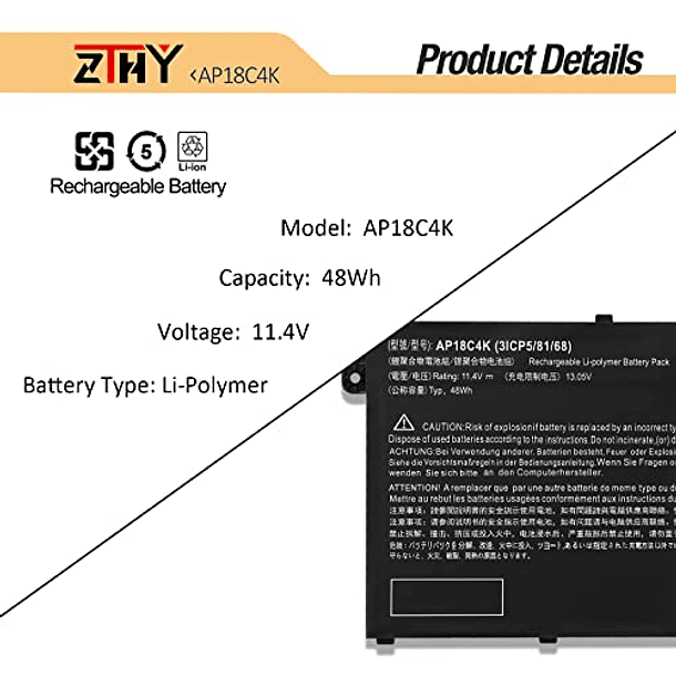 Batería de Repuesto Compatible con Acer Aspire 5 A514-52 A514-52G A515-43 A515-43G A515-44 A515-44G A515-56 A514-52K Spin 3 SP314-54N SP314-54N-54XS A515-43-R057 A515-44G-R26L A514-52G-521W (ZTHY 48Wh 3