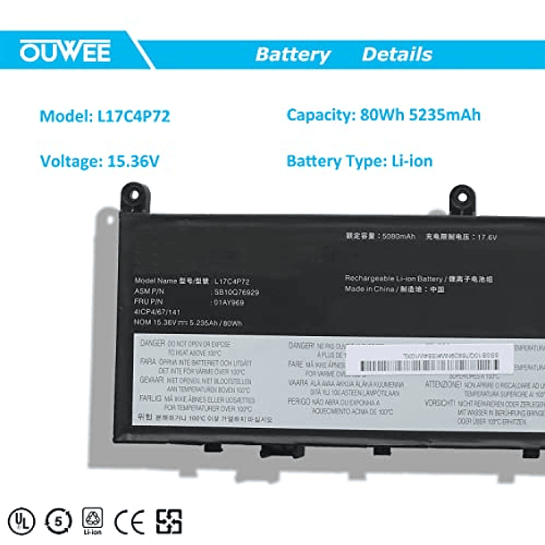 Batería Compatible para Lenovo ThinkPad X1 Extreme 1ª/2ª Generación, ThinkPad P1 1ª/2ª Generación, Serie L17M4P72, L17C4P72, 01AY968, 01AY969, L18M4P71, 01YU911, 5B10V98091, SB10Q 2