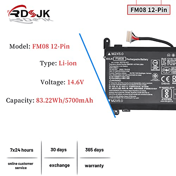 Batería para Portátil HP Omen 17-AN013TX 17-AN014TX 17-AN014NG 17-AN012DX 17-AN041NG 17-AN080NZ 17-AN001CA HSTNN-LB8A HSTNN-LB8B 922752-421 922753-421 922976-855 12.6V conector FM08 W 2