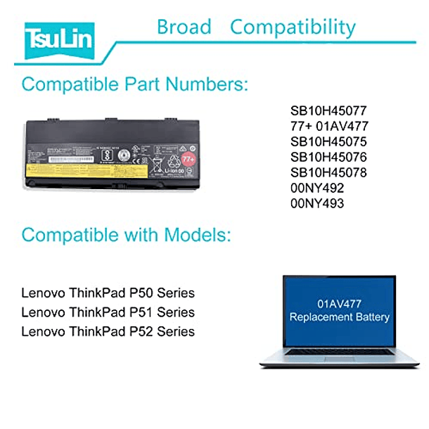 Batería Compatible con Lenovo ThinkPad P50 P51 P52 Series Notebook 11.4V 90Wh 7900mah 5