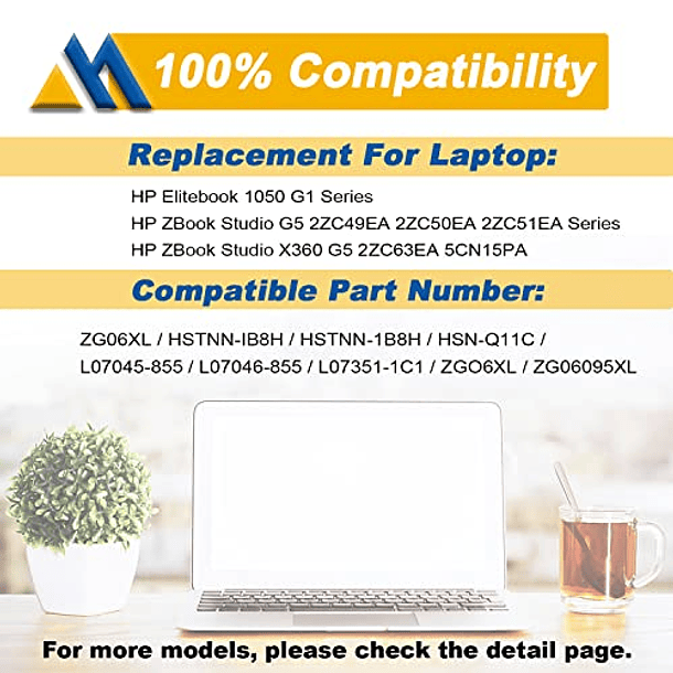 Batería Compatible con HP EliteBook 1050 G1, ZBook Studio X360 G5, Notebook ZG06XL, HSTNN-IB8H, HSN-Q11C, L07351-1C1, L07045-855, L07046-855 - 95.9Wh 6 Celdas 5